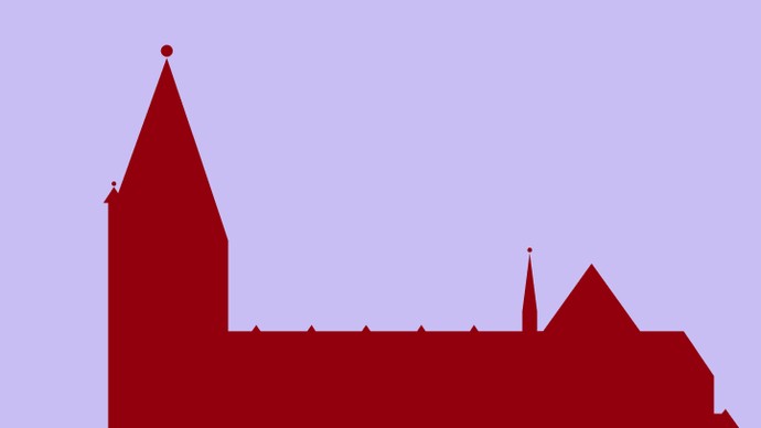 Silhouette des Paderborner Doms mit hohem Turm und gestaffelter Dachlandschaft vor rotem Hintergrund.