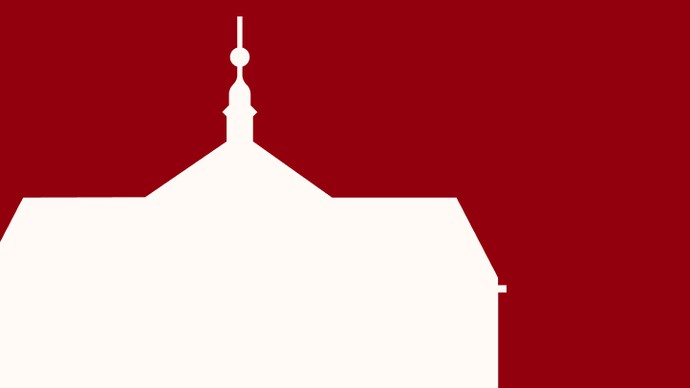 Weiße Silhouette der barocken Klosteranlage Dalheim mit mittigem Dachreiter vor rotem Hintergrund.