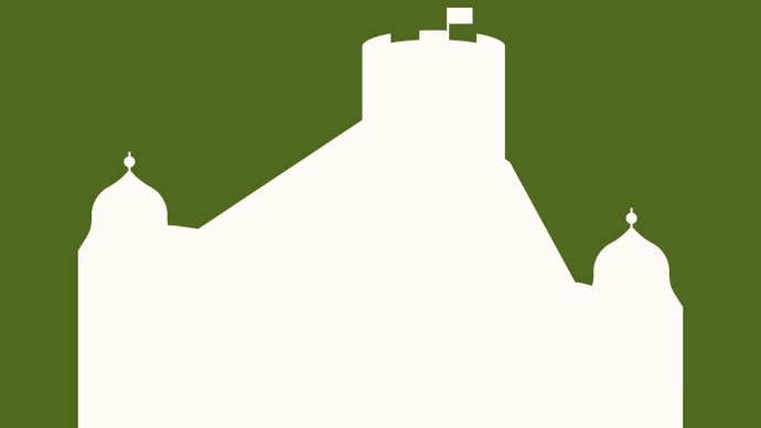 Silhouette der Wewelsburg mit markantem Rundturm in der Mitte und zwei flankierenden Türmen vor grünem Hintergrund.