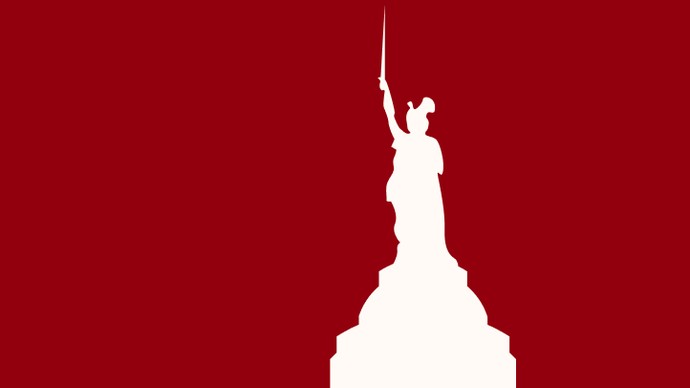 Silhouette des Hermannsdenkmals mit erhobenem Schwert auf hohem Sockel vor rotem Hintergrund.