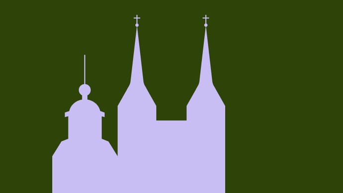 Silhouette des Kloster Corveys mit zwei hohen Türmen und Kreuzaufsätzen vor grünem Hintergrund.