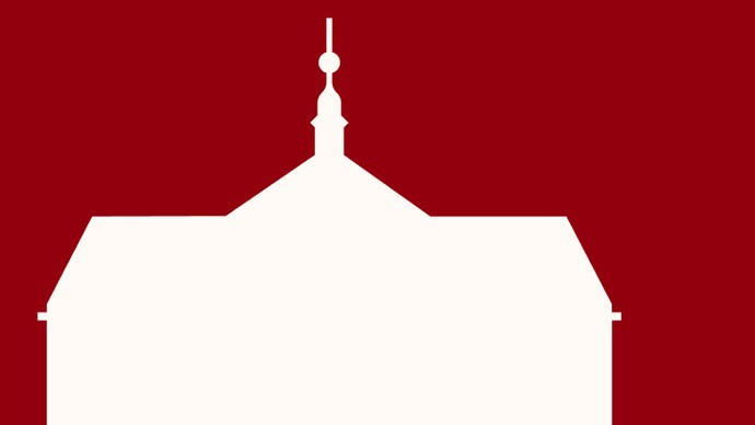 Weiße Silhouette der barocken Klosteranlage Dalheim mit mittigem Dachreiter vor rotem Hintergrund.